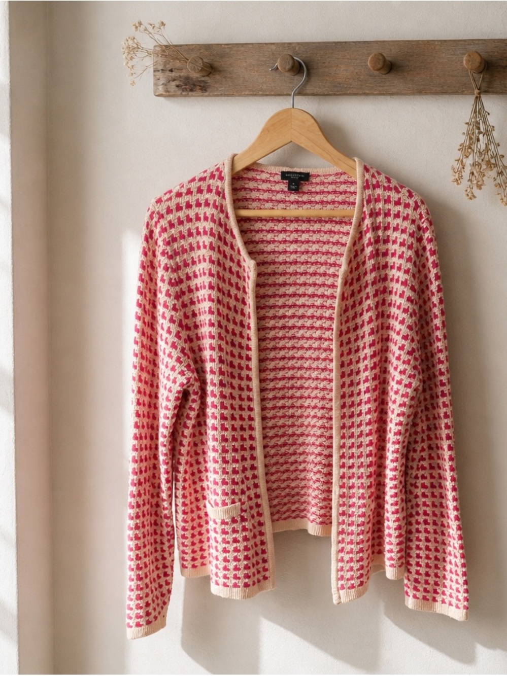 Ann Taylor Pink and Cream Open-Front Houndstooth Cardigan
